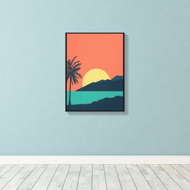 Atardecer de palmera, Isla, Arte abstracto boho (Insitu (piso de madera))