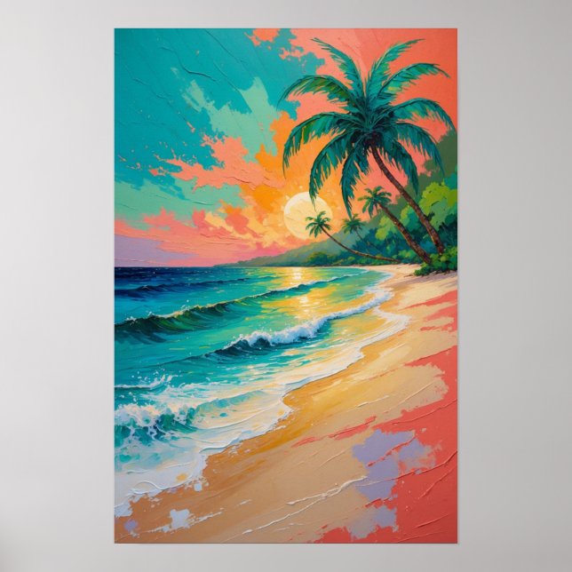 Atardecer de playa tropical con arte de palmeras e (Frente)