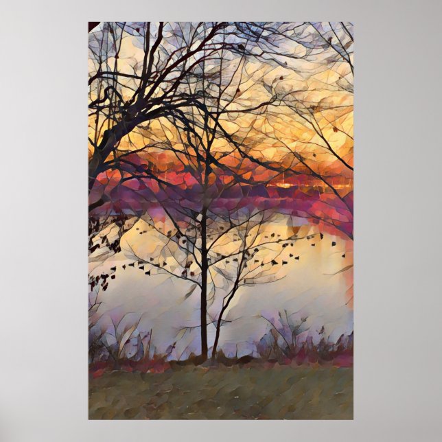 Atardecer en el Poster de arte de pintura al óleo  (Frente)