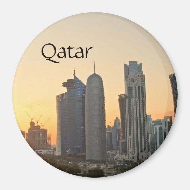 Atardecer sobre Doha, imán de Qatar con texto (Frente)