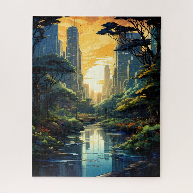 Atardecer sobre el rompecabezas del parque de la c (Vertical)