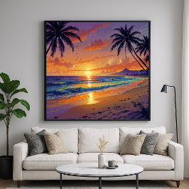 Atardecer tropical de playa - Arte estilo Ilustrac