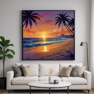 Atardecer tropical de playa - Arte estilo Ilustrac