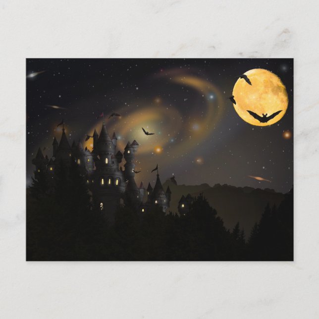 Aterradora noche de Halloween con postal de búhos (Anverso)