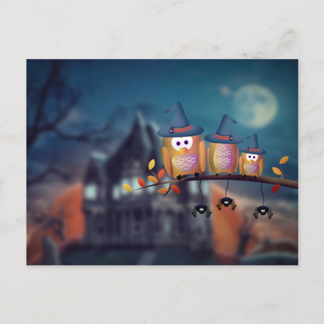 Aterradora noche de Halloween con postal de búhos (Anverso)