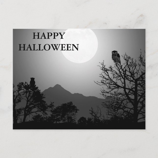Aterradora noche de Halloween con postal de búhos (Anverso)
