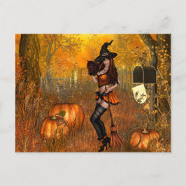 Aterradora postal de Halloween con bruja