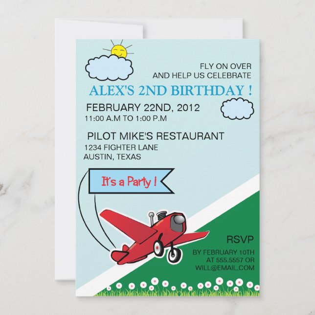 Aterrizaje de avión - invitación de cumpleaños par (Anverso)