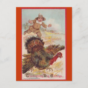 Atrapando un pavo, postal de arte vintage