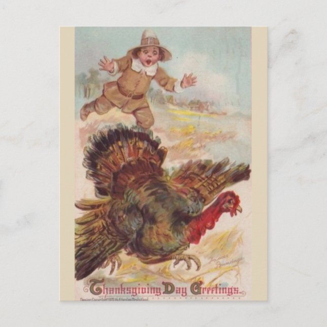 Atrapando un pavo, postal de arte vintage (Anverso)