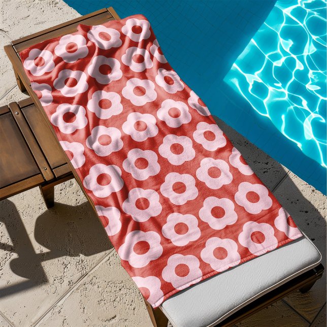 Audaz patrón floral rojo y rosa de verano retro (red bath towel with pink flowers)