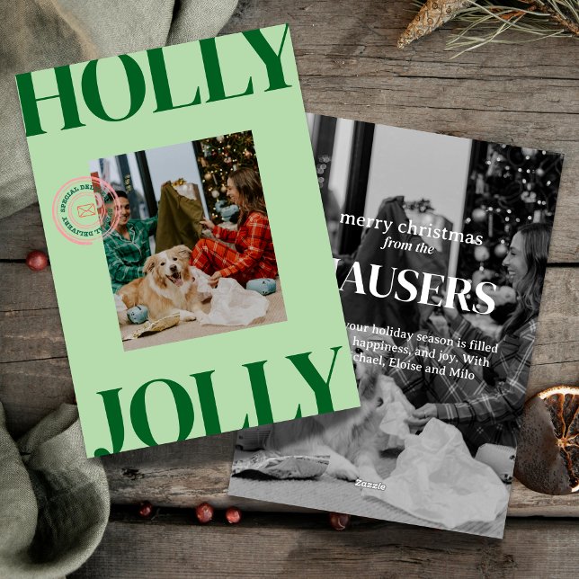 Audaz tarjeta de vacaciones con timbre de fotos fa (Celebrate the season in bold style with this playful “Holly Jolly” photo card.)