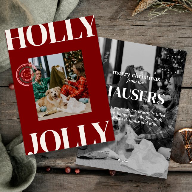 Audaz tarjeta de vacaciones con timbre de fotos fa (Celebrate the season in bold style with this playful “Holly Jolly” photo card.)
