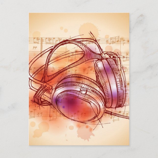 Auriculares con fondo de acuarela y notas (Anverso)