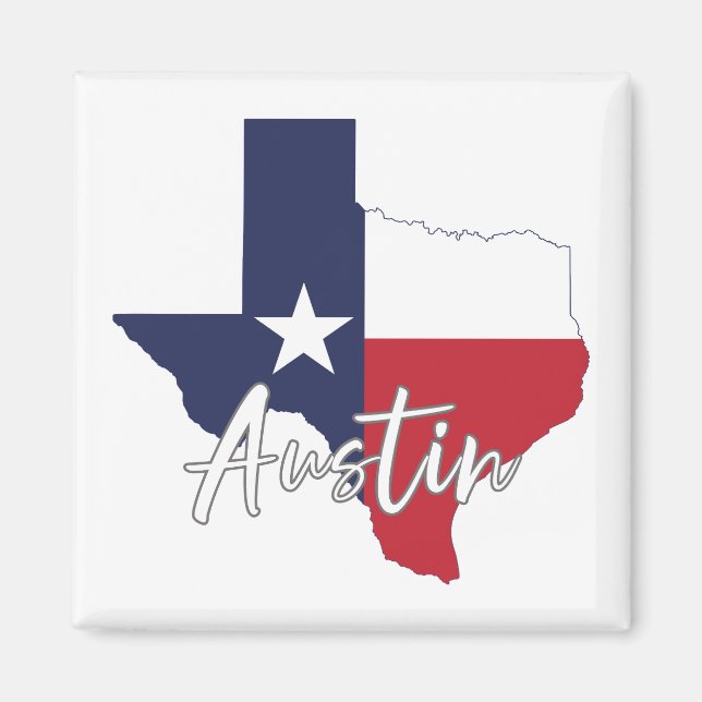 Austin, imán de mapas de bandera de Texas (Frente)