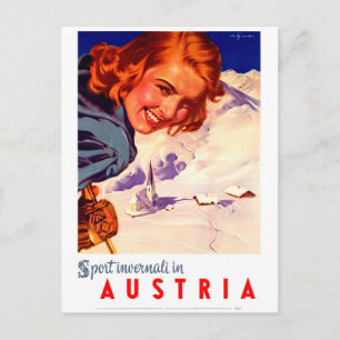 Austria, mujer feliz en esquí, postal de viaje vin