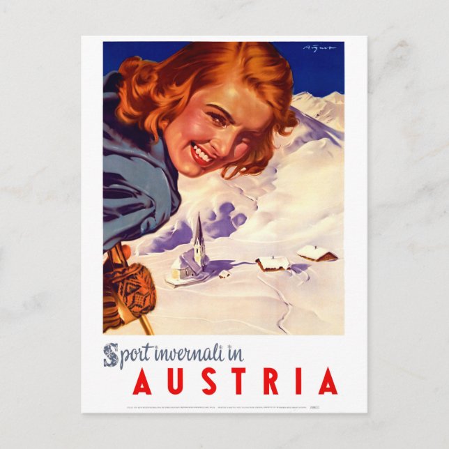 Austria, mujer feliz en esquí, postal de viaje vin (Anverso)