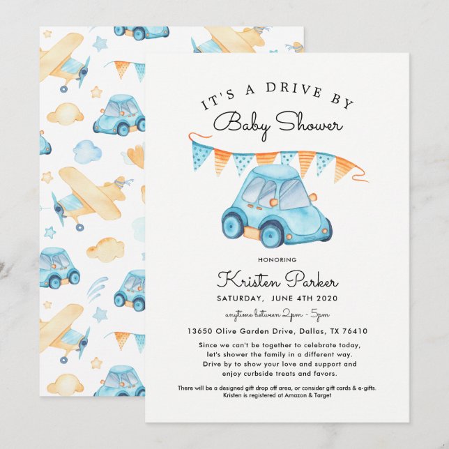 Auto Azul De Baby Shower Invitación Boy (Anverso / Reverso)