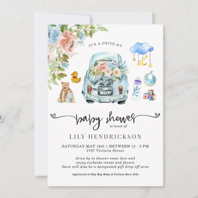 Auto azul | Invitación de Baby Shower de unidad (Anverso)