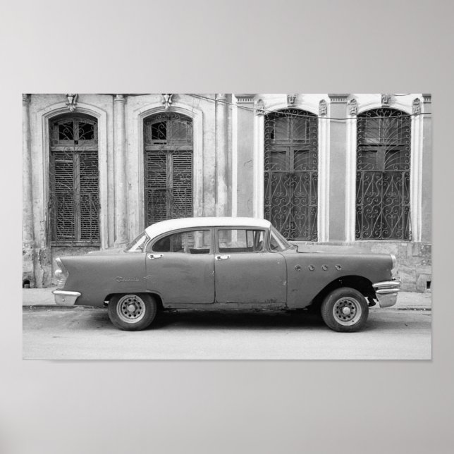 Auto cubano clásico, impresión en blanco y negro (Frente)