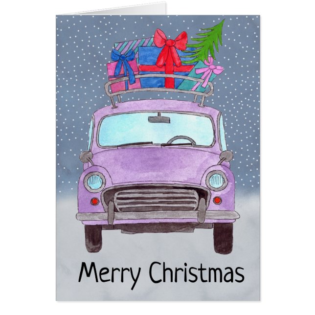 Auto morado vintage con regalos (Frente)