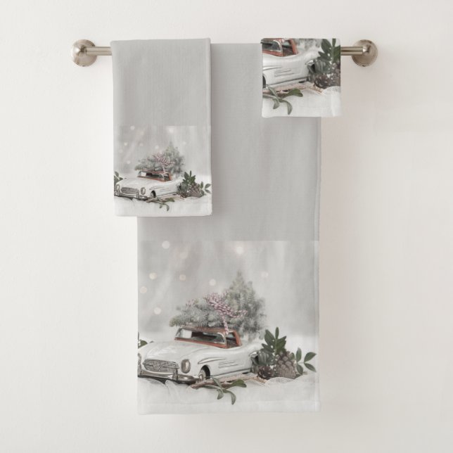 Auto vintage y árbol de Navidad en gris (In situ)