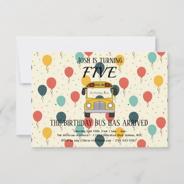 Autobús amarillo de quinto cumpleaños, invitación  (Anverso)