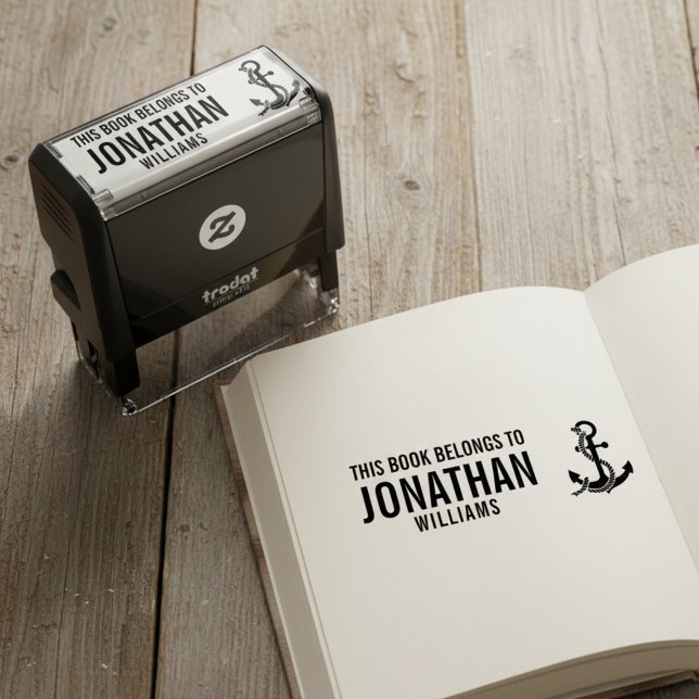 Automático Este Libro Pertenece Sello con Ancla (This book belongs to custom name pre inked stamp with nautical anchor.)