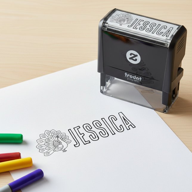 Automático Libro para colorear pavo real y sello de nombre (Coloring book style peacock and name stamp.)