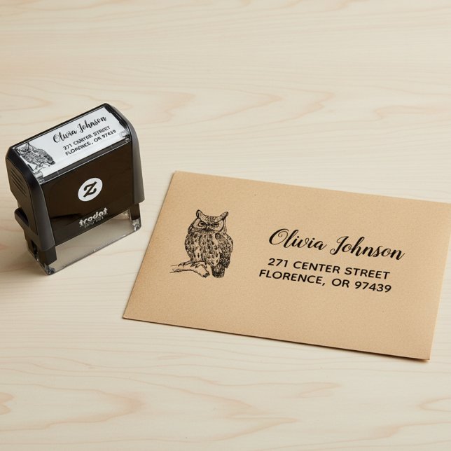 Automático Sello de dirección de devolución con tinta incorpo (Vintage owl return address stamp.)