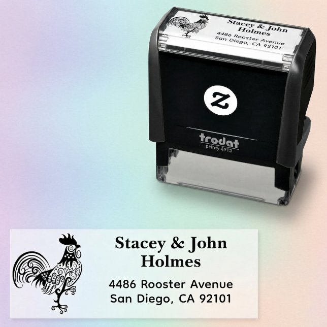 Automático Sello de dirección de devolución de tinta automáti (Self inking return address stamp featuring an artistic swirly rooster illustration.)