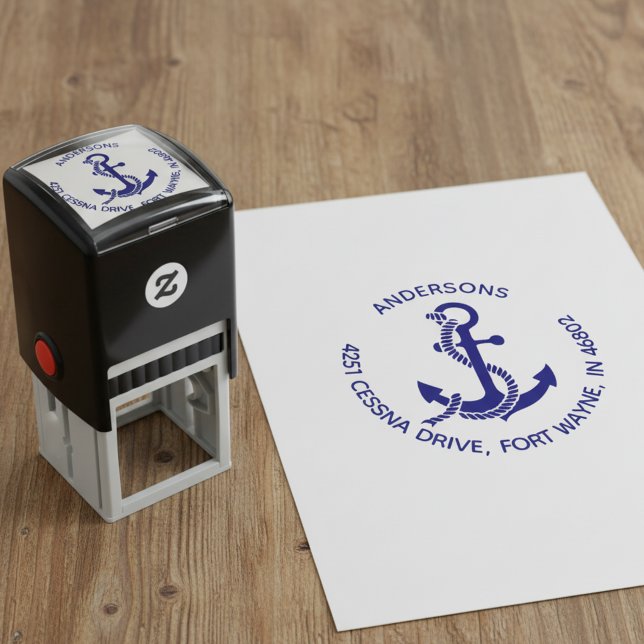 Automático Sello de dirección de devolución redondo de famili (Round return address stamp with an anchor.)