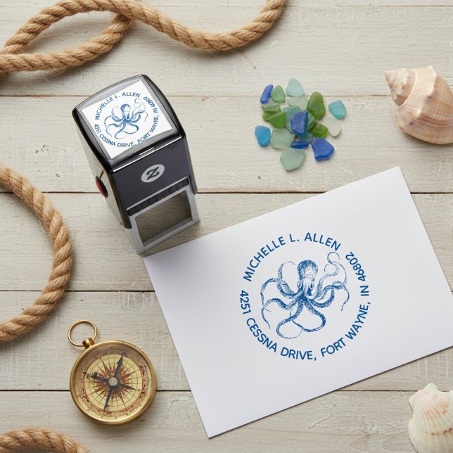 Automático Sello de dirección de devolución redondo de pulpo  (Vintage etched octopus round return address stamp.)