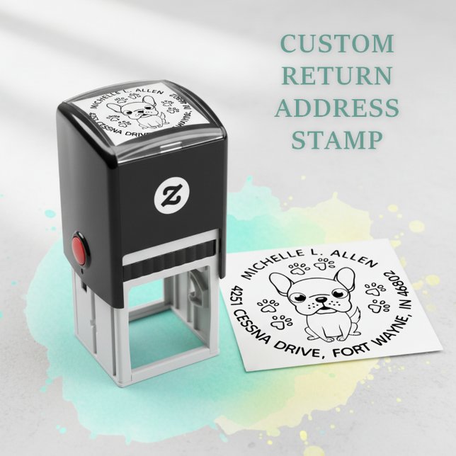 Automático Sello de dirección de regreso redondo de adorable  (Fun round return address stamp for French Bulldog lovers! 🐾)