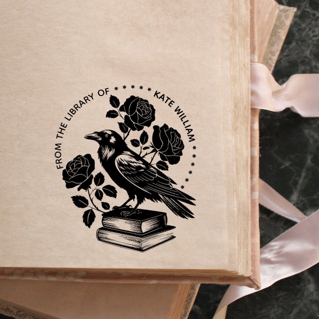 Automático Sello entintado Ex libris Cuervo Floral (Subido por el creador)