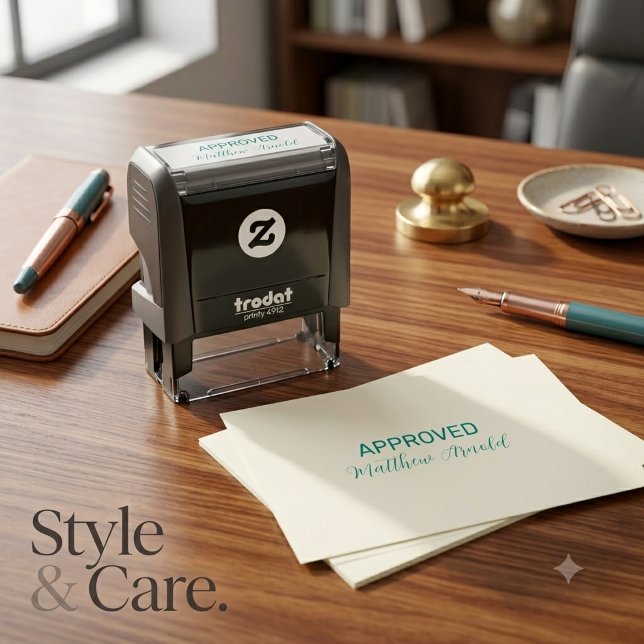 Automático Simple sello de tinta azul 'APROBADO' con firma pe (Simple Blue Ink 'APPROVED' with Custom Signature Self-inking Stamp)