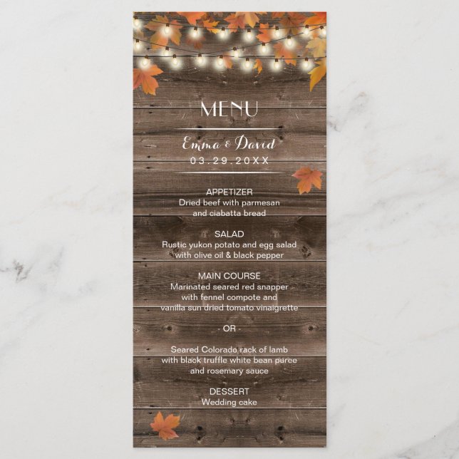 Autumn deja menú de boda de otoño rústico (Anverso)
