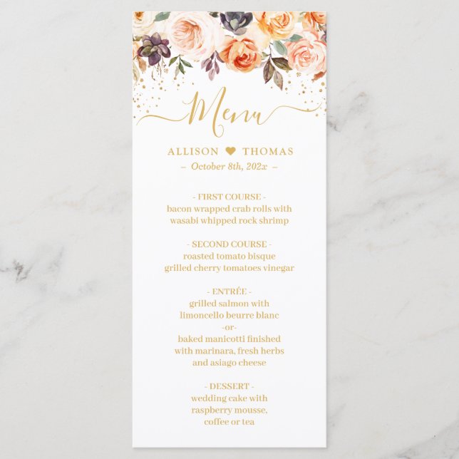 Autumn Floral Gold Purpurinas Fall Wedding Menu (Anverso)