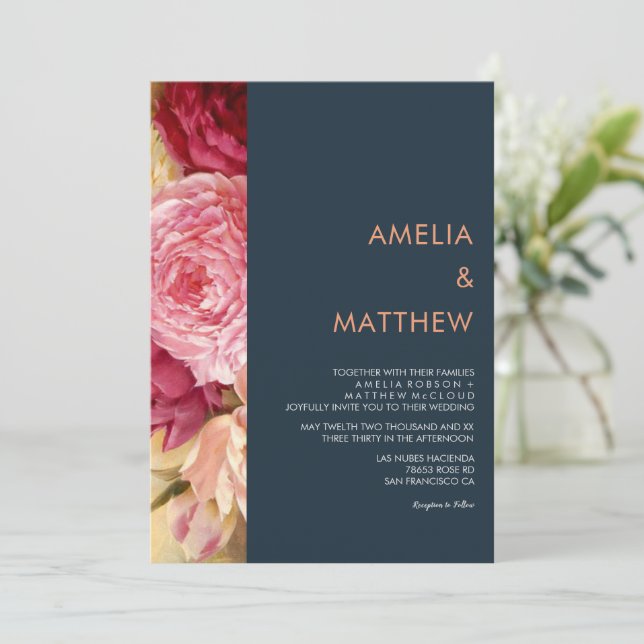 Autumn Floral | Invitación a la boda naval (Anverso de pie)