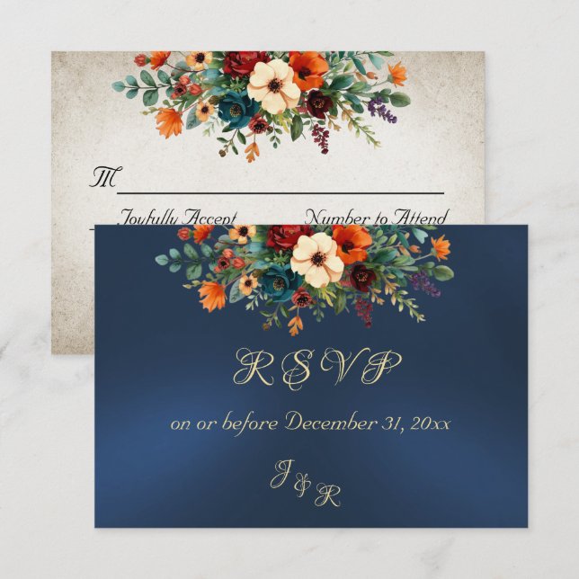 Autumn Floral & Wreath RSVP - Blue (Anverso / Reverso)