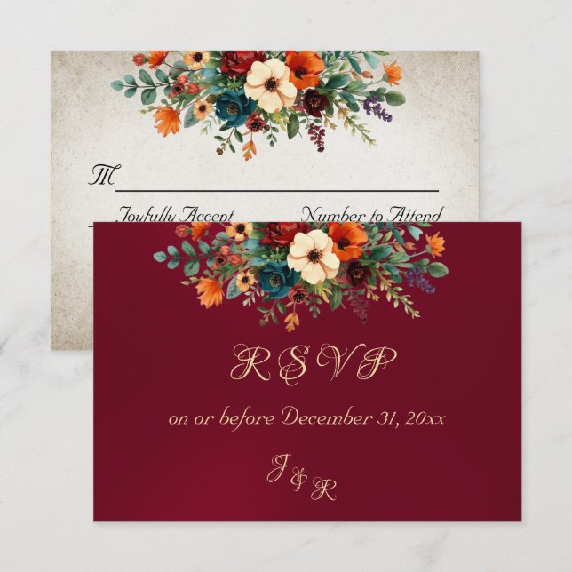 Autumn Floral & Wreath RSVP - Burgundy (Anverso / Reverso)