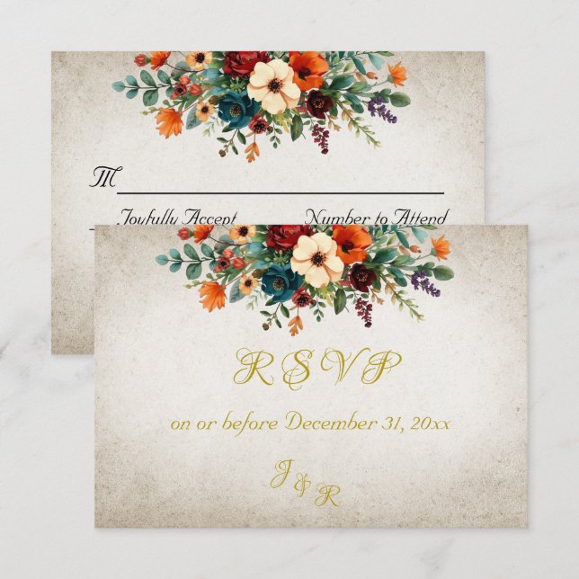 Autumn Floral & Wreath RSVP - Cream (Anverso / Reverso)