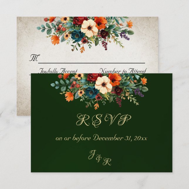 Autumn Floral & Wreath RSVP - Emerald (Anverso / Reverso)