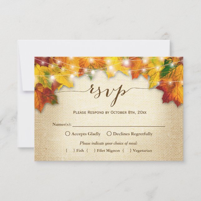 Autumn Leaves String Lughts Burlap Wedding RSVP (Anverso)