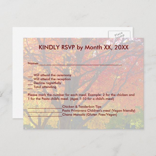 Autumn Leaves Wedding Menú RSVP Postcard (Anverso / Reverso)