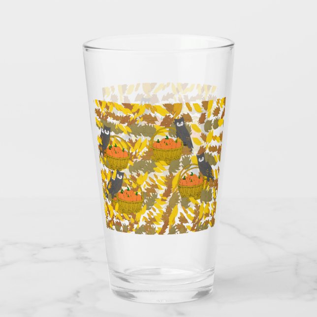 Autumn Owl and Pumpkin Pattern Pint Glass / Tumble (Reverso)