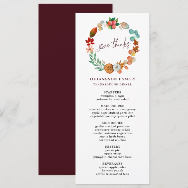 AUTUMN PUMPKIN WREATH GRACIAS MENÚ DE CENA (Anverso / Reverso)