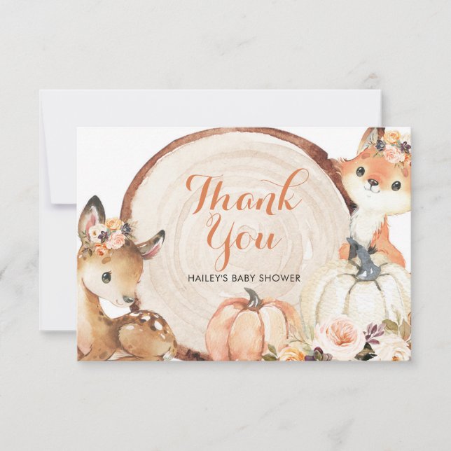 Autumn Woodland Chica Baby Shower Gracias Tarjeta (Anverso)