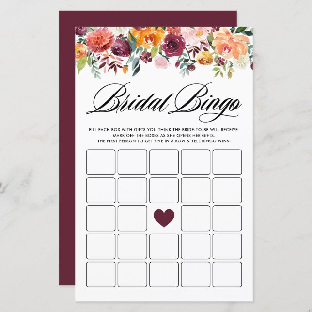 Autumor Blooms Bridal Shower Bingo Tarjeta de jueg (Anverso / Reverso)