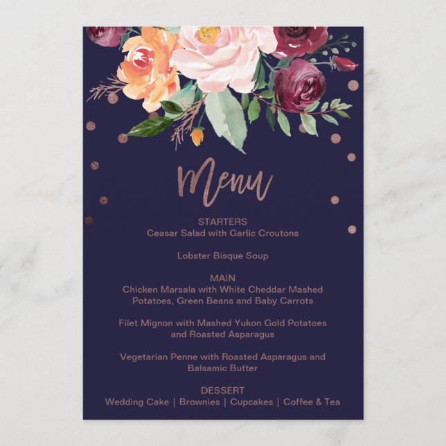 Autumt Floral Rosa Gold Dinner Menu Card (Anverso)